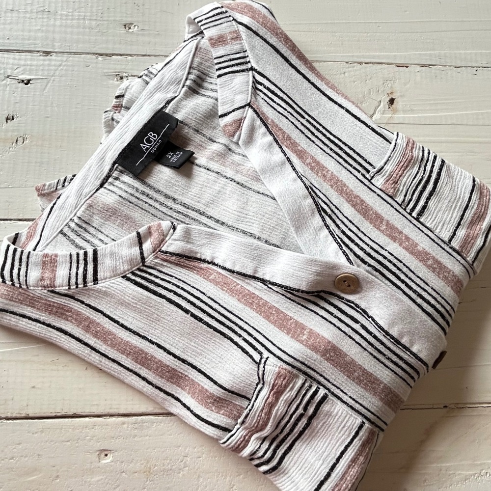 AGB Woman Striped Tie Front Button Up Top White Pink‎ Black 2X 3427980